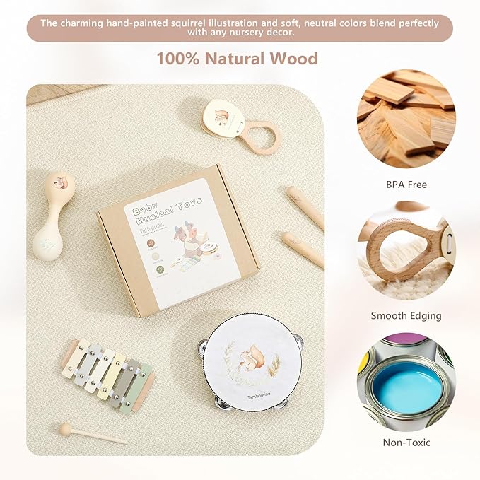 Toddler Musical Instruments | Baby Musical Toys Wooden Toys Educational Toys for Toddlers | Neutral Color Musical Instruments Set | Early Learning Music Toys for Boys Girls Gift