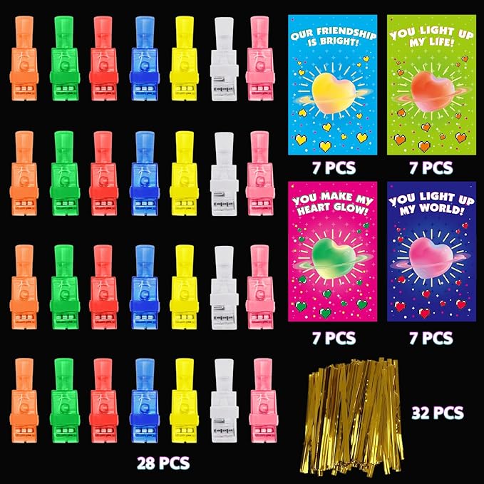 28 Pack Valentines Cards for Kids with LED Finger Lights, Valentines Day Gifts for Kids, Light Up Toys Bulk Valentines Day Cards for Kids Classroom School Exchange Prize Party Favors Set