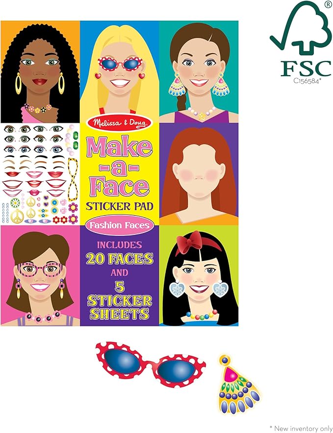 Melissa & Doug Make-a-Face Sticker Pad - Fashion Faces, 20 Faces, 5 Sticker Sheets - FSC Certified
