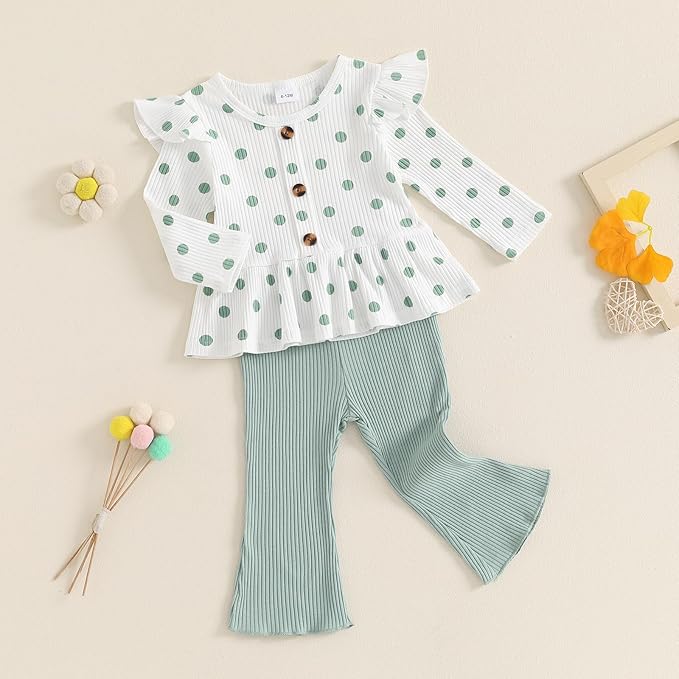 Mubineo Toddler Baby Girl Clothes Cute Ribbed Outfits Knit Long Sleeve Shirt Tops Bell Bottom Pant Fall Winter Outfit