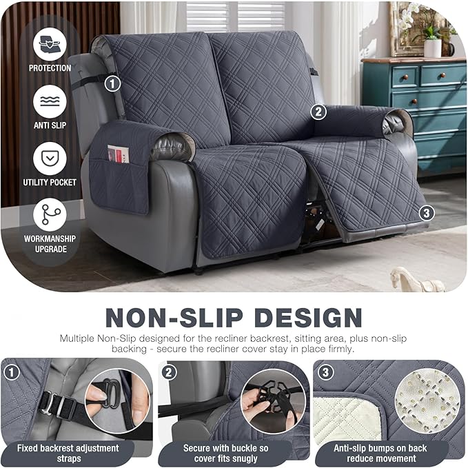 TAOCOCO 100% Waterproof Loveseat Recliner Cover, Non Slip Split Recliner Couch Covers for 2 Cushion Couch with Elastic Straps, Washable Recliner Chair/Furniture Protector for Pets(2 Seater, Dark Grey)