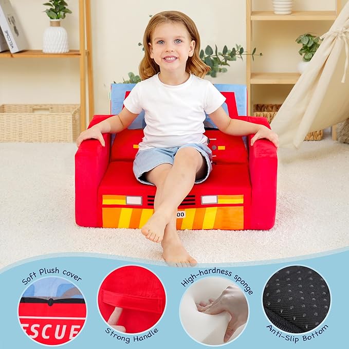 MallBest Kids Sofas Children's Sofa Bed Baby's Upholstered Couch Sleepover Chair Flipout Open Recliner(Red/Fire Truck)