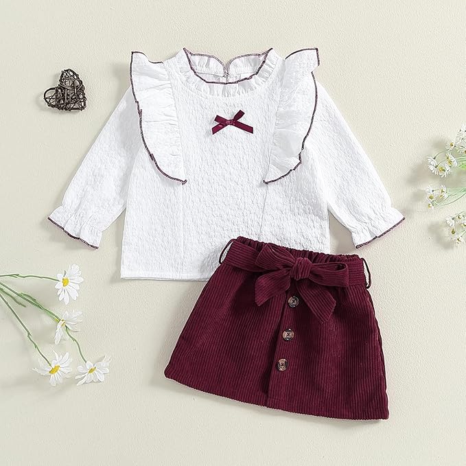 Fernvia Toddler Baby Girl Fall Winter Skirt Set Turtleneck Ribbed Long Sleeve T-Shirt Top & Plaid Skirts Dress 2Pcs Outfits