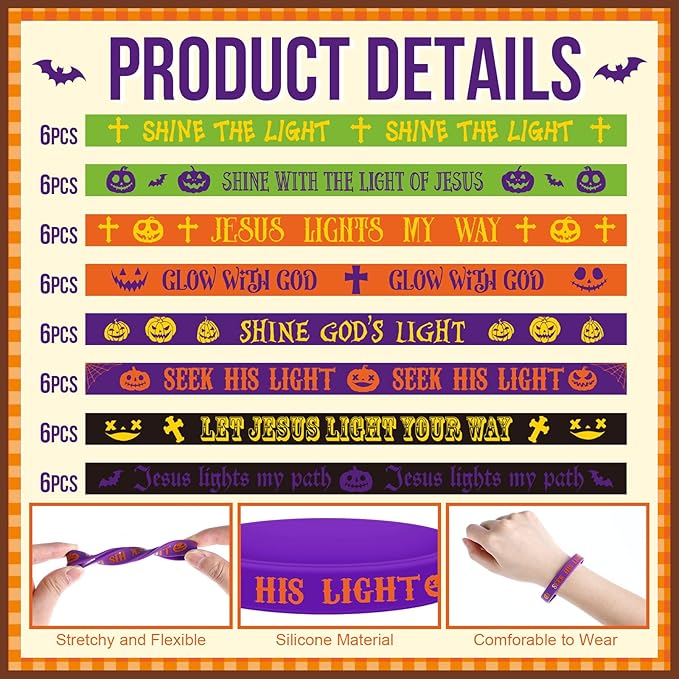 48 Pcs Kids Halloween Party Favors Rubber Bracelets and Cards Christian Silicone Wristbands Bulk Religious Halloween Goodie Bag Stuffers Kids Wristband for Classroom Prizes