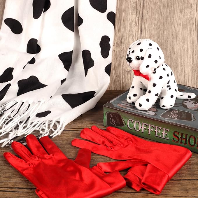 4 PCS Halloween Dalmatian Costume Accessories for Women Include Long Red Gloves Pearl Beads Necklace Bracelet and Plastic Holder 1920s Accessories for Characters Dress Up