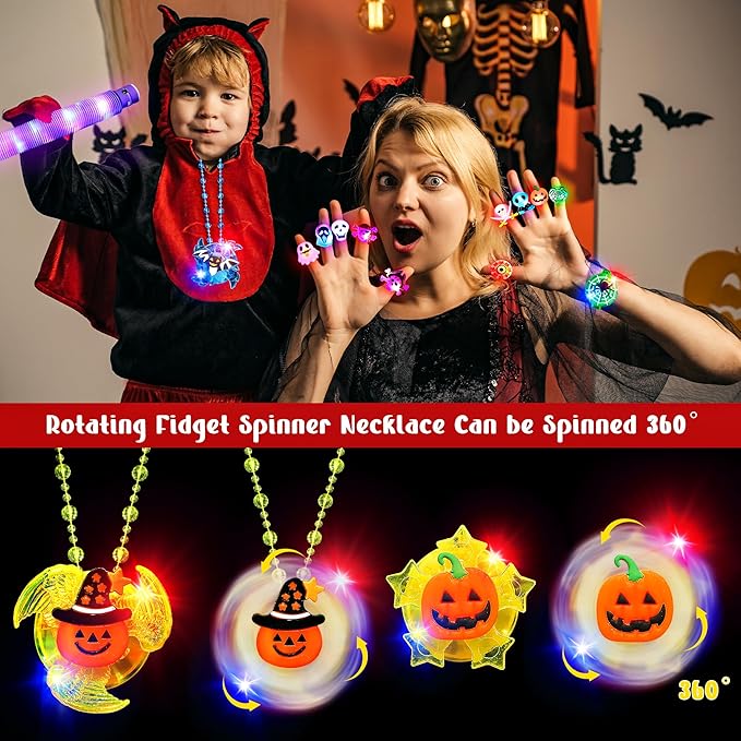 66Pcs Halloween Party Favors for Kids, Light Up Rings Spin Necklaces Halloween Goodie Bag Fillers Treats Prizes Glow in The Dark Halloween Toys Bulk Carnival Classroom Favors Trick or Treat Toys