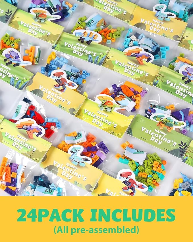 24 Pack Prefilled Dinosaur Valentines Building Blocks Set for Kids, Classroom & School Exchange Gifts with Valentine's Day Cards, Ideal Party Toy for Boys & Girls