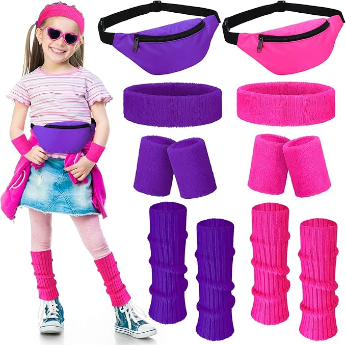 Giegxin 2 Set 80s Leg Warmers Set for Girls Kids Neon Ribbed Knit Leg Warmers Fitness Headband Wristbands for Cosplay Party