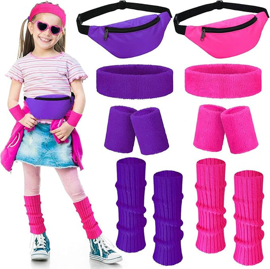 Giegxin 2 Set 80s Leg Warmers Set for Girls Kids Neon Ribbed Knit Leg Warmers Fitness Headband Wristbands for Cosplay Party