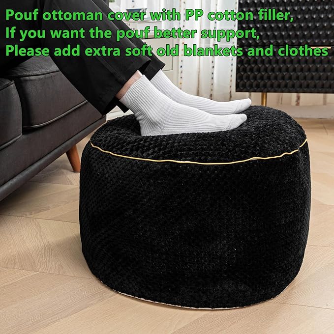 Round Stuffed Pouf Ottoman 20x20x12 Inches Faux Fur Ottoman Foot Rest Under Desk Foot Stool Great for Living Room Bedroom Small Furniture (Black)