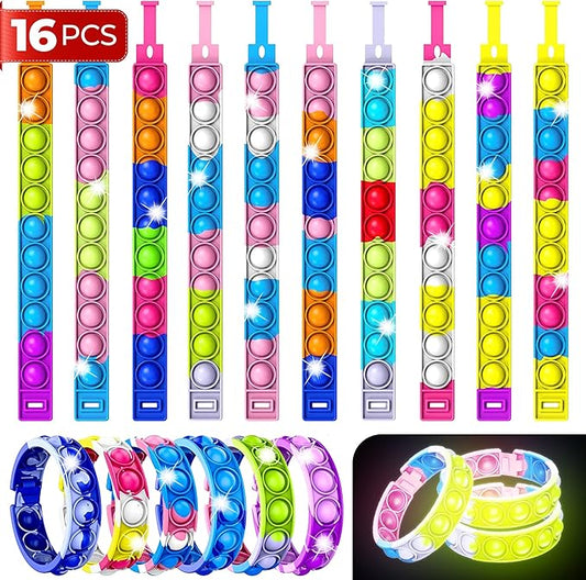 16 PCS Bracelets Glow in The Dark Pop it Fidget Toy, Rainbow Party Favors Wristband Set, Push Bubbles Sensory Pack Kids Ages 5 8 12 Adult Student Gift