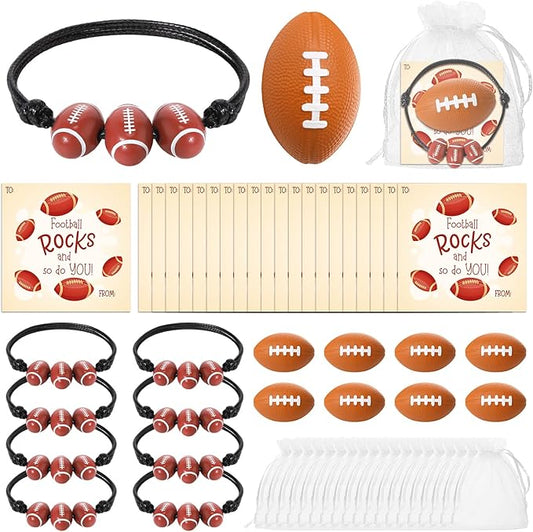 18 Sets Valentine's Day Football Gifts Mini Football Stress Balls Football Bracelets with Football Valentines Cards Football Team Gifts Party Favors for Valentine's Day Carnival Birthday