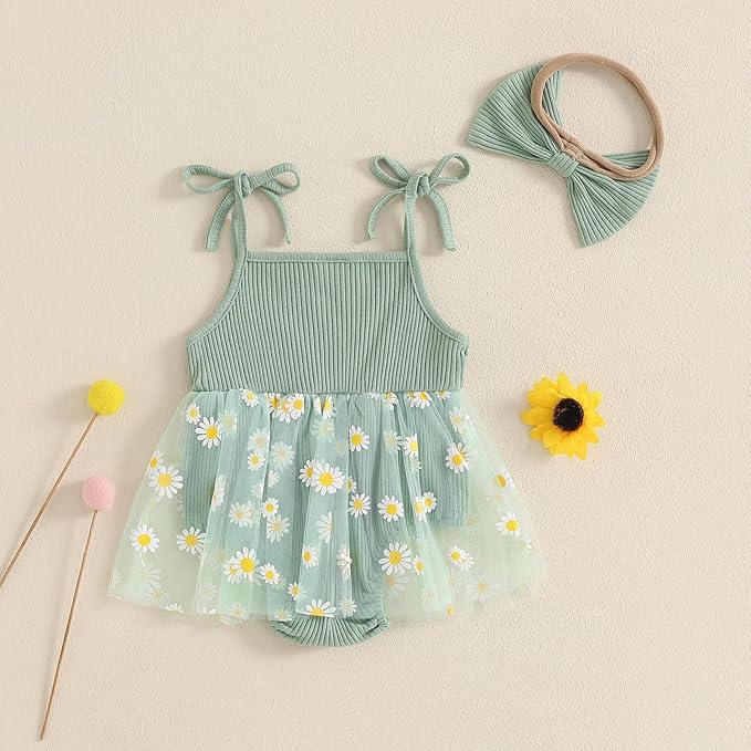 Baby Girl Clothes Daisy Ribbed Bodysuit Sleeveless Romper Dress Summer Outfit for Girls Newborn 3 6 9 12 18 Months