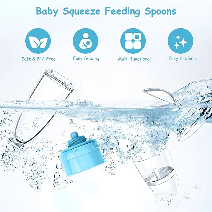 WAJIAYON Baby Food Feeder 4 Pack Silicone Baby Food Dispensing Spoon-3 oz Squeeze Feeding Spoons with Suction Cup for Boys Girl Kids Toddlers - Self Feeding Bottle Spoon-Sky Blue