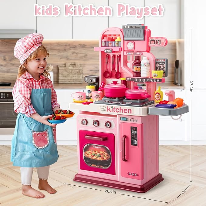 Kids Kitchen Playset-53pcs Cooking Stove,Paly Sink,Oven,Kitchen Toys with Realistic Lights&Sounds，Pretend Play Toys,Kitchen Toys for Toddlers 1 2 3 (Pink)