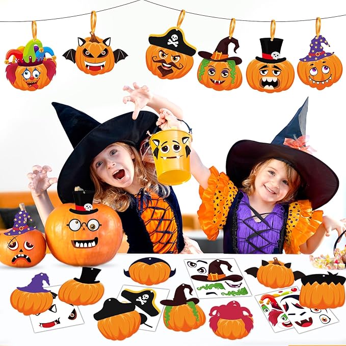 36 Set Halloween Pumpkin Crafts Kit Halloween Crafts for Kids Halloween Pirate Pumpkin Sticker DIY Craft Witch Pumpkin Decoration Hanging Ornaments for Kids Halloween Party Favor Supplies