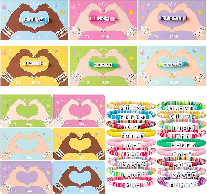 24 Pack Valentine’s Day Friendship Bracelets Card Gifts Set, Friendship Clay Beads Bracelet with Valentines Card Kids School Classroom Prizes Exchange Gift Valentines Party Favors Supplies