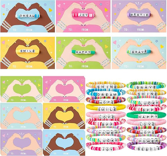 24 Pack Valentine’s Day Friendship Bracelets Card Gifts Set, Friendship Clay Beads Bracelet with Valentines Card Kids School Classroom Prizes Exchange Gift Valentines Party Favors Supplies