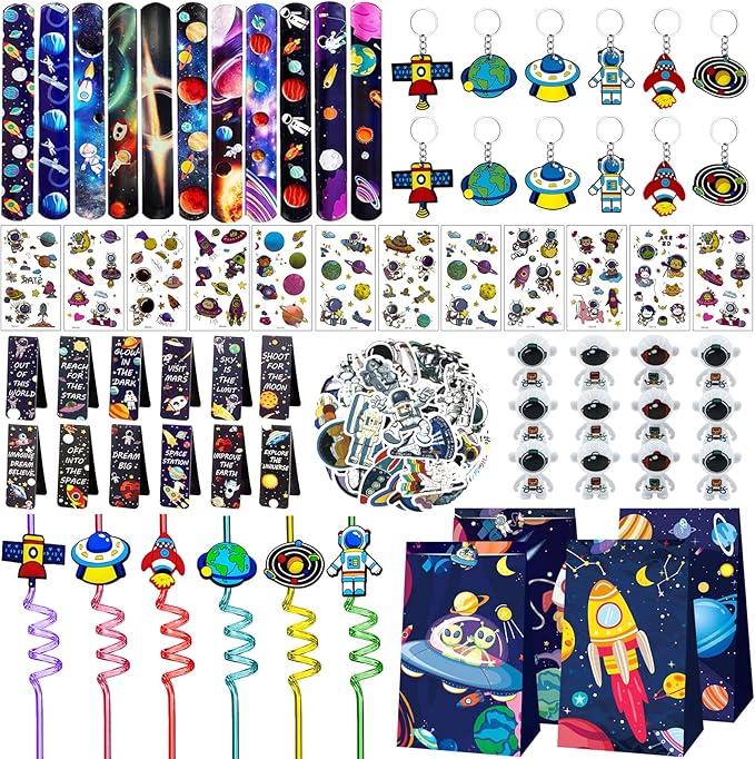 146 Pcs Space Party Favors Set with Space Straws Keychains Slap Bracelet Bookmark Tattoo Stickers Goodie Bags Space Party Supplies Outer Space Birthday Decorations