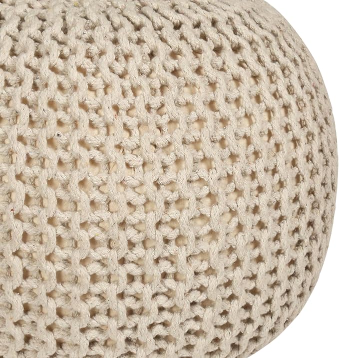 Round Pouf Ottoman Hand Knitted 100% Cotton Pouf Foot Stool - Knitted Bean Bag - Floor Chair for Bedroom - Foot Rest for Couch (20" Dia x 14" HT) (Off White)