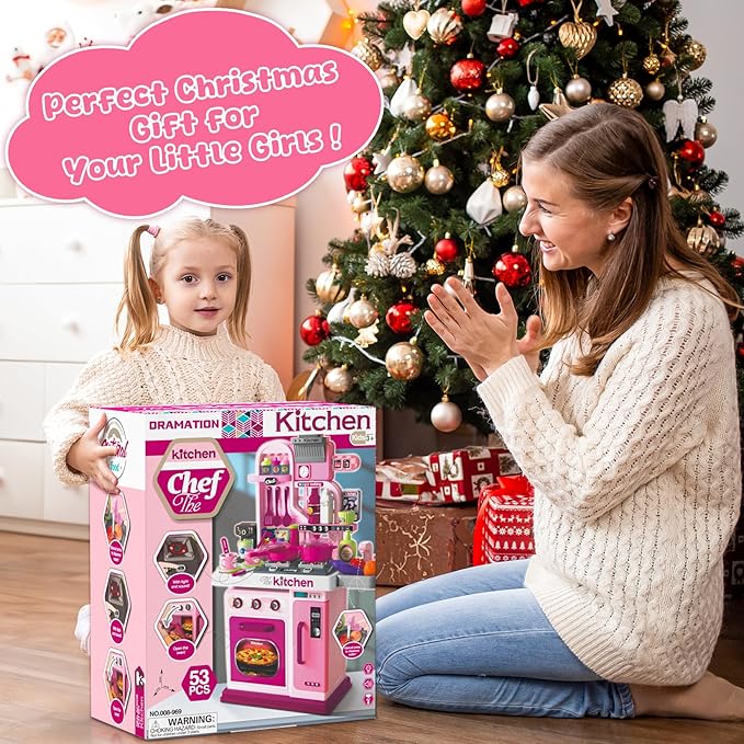 Kids Kitchen Playset, 27.1 Inches Play Kitchen with Sound and Light, Kitchen Set for Toddlers 1-3 3-5, Cooking Stove, Play Sink and Kitchen Accessories, Toddler Kitchen Playset(Pink)