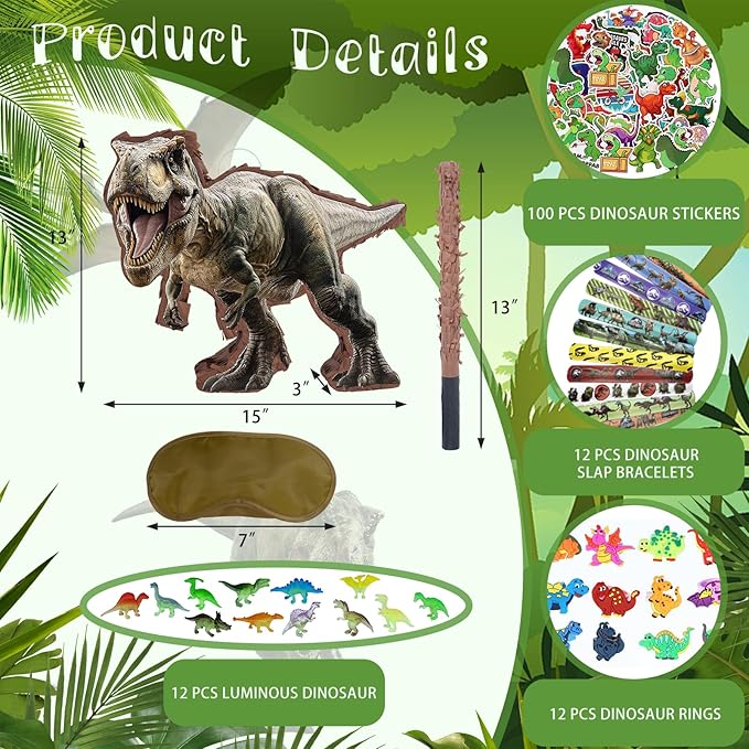 142 Pcs Dinosaur Piñata Party Set - Small Jungle Dinosaur Piñata Set with Blindfold and Bat Include Kids Dinosaur Themed Party Favors for Boys and Girls(Small Size Piñata 14.5”x12.5”x3”)