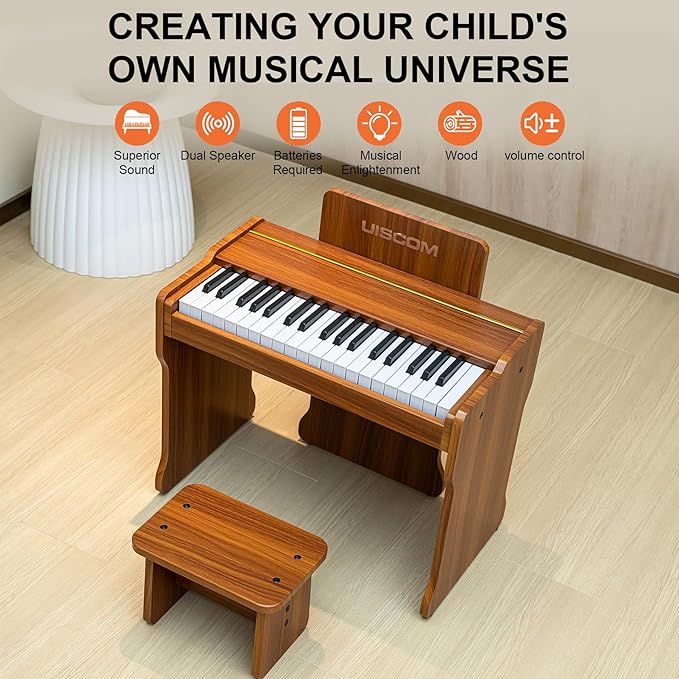 Kids Piano Keyboard, 37 Keys Digital Piano, Toddler Piano for Kids, Mini Baby Piano Toy, Kids Musical Instruments Sets, Wood Piano keyboard for kids Ages 3+,Brown