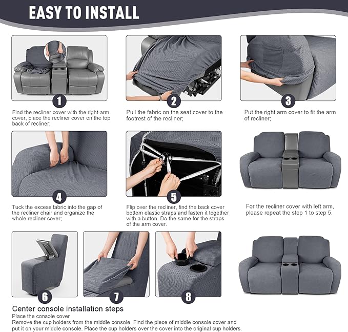 KinCam Loveseat Recliner Covers with Middle Console Slipcover, Recliner Sofa Covers 2 Seat Couch Cover Stripe Jacquard Furniture Protector Covers with Elastic Bottom for Kids, Pets (Gray)