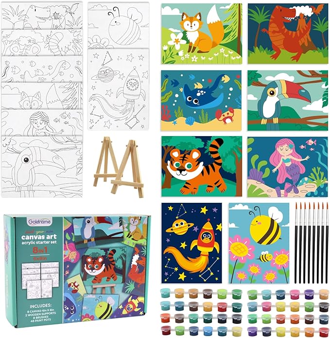 8 Packs Predrawn Canvas for Painting Kids Painting Canvas for Kids Painting Kits for Kids 4-8, 48 Paints, 8 Brushes 2 Easels, 8 6x8 Printed Canvas to Paint for Girls Boys and Beginners