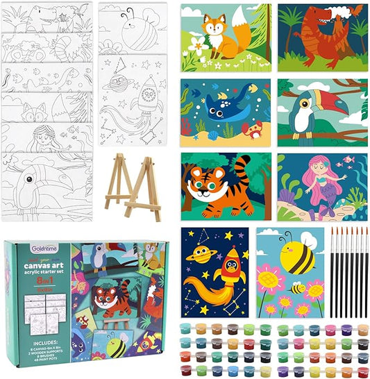 8 Packs Predrawn Canvas for Painting Kids Painting Canvas for Kids Painting Kits for Kids 4-8, 48 Paints, 8 Brushes 2 Easels, 8 6x8 Printed Canvas to Paint for Girls Boys and Beginners