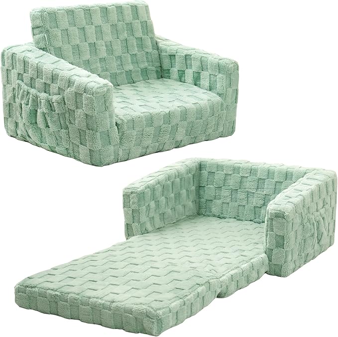 Kids Sofa, Toddler Chair, 2-in-1 Flannel Kids Fold Out Couch, Toddler Convertible Sofa to Lounger, Flip Open Toddler Couch for Kids (Green)