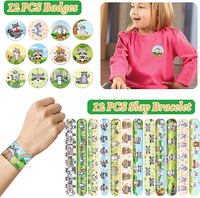 98 PCS Raccoon Party Favors, Raccoon Temporary Tattoos Slap Bracelets Keychains Stickers Badges for Woodland Raccoon Birthday Party Decorations Supplies Gifts for Kids Boys Girls Classroom Rewards
