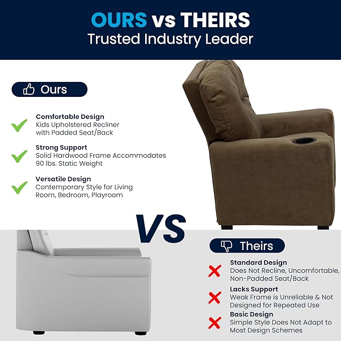 Flash Furniture Chandler Microfiber Kids Recliner with Cup Holder and Safety Recline, Contemporary Reclining Chair for Kids, Supports up to 90 lbs., Brown