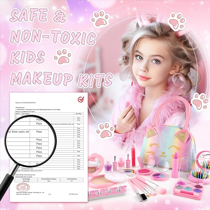Kids Makeup Kit for Girl, Kids Washable Makeup Girls Toys, Girls Makeup Kit for Kids with Cute Cat Bag, Real Make up Set for Kid Little Girls Toddlers Princess Christmas Birthday Gifts Age 3-6-8-10-12