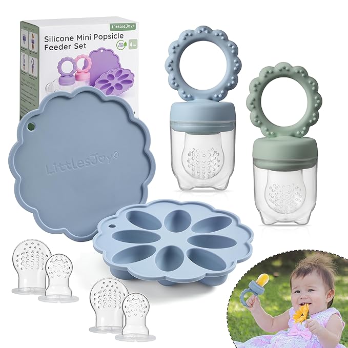 Baby Fruit Food Feeder & Mini Popsicle Ice Tray Set, BPA Free Silicone Baby Feeder for Safe Solid Food Feeding, Breastmilk Popsicle Molds for Cooling Relief, 4 Month+ (Spring)