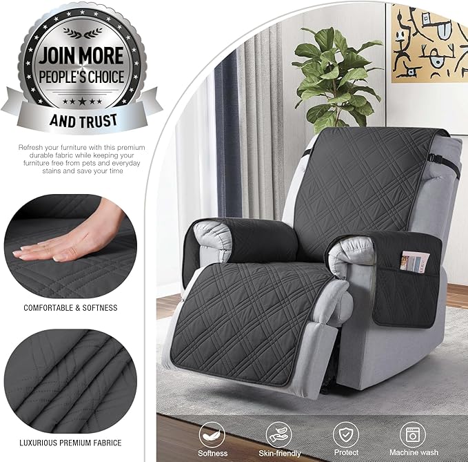 TAOCOCO 100% Waterproof Recliner Chair Cover Stay in Place, Recliner Covers for Small Recliner Chair with Pocket, Reclining Chair Cover Furniture Protector for Kids, Pets(X-Small Chair, Charcoal Gray)