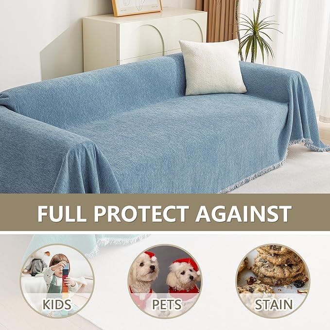 MYSKY HOME Sectional Couch Cover Blanket Living Room Furniture Protector for Pets, Farmhouse Home Decor Sofa Covers Tassel Chenielle Sofa Slipcover Soft Throw Couch for Dogs, 71" X 150", Blue