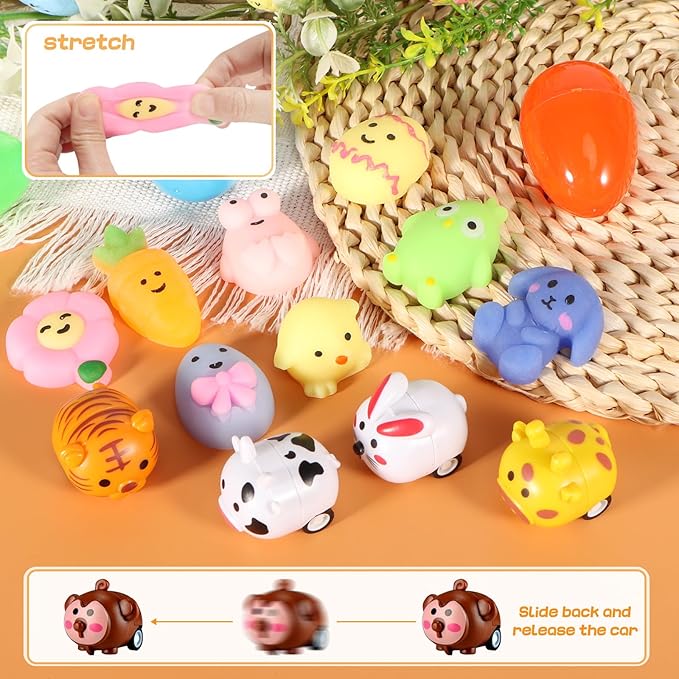60 PCS Easter Egg Fillers, Easter Basket Stuffers with Slap Bracelets Rubber Wristbands Stickers Stampers Cars Ring Keychains Puffer Fidget Toys, Easter Party Favors, Classroom Prizes Gift Exchange