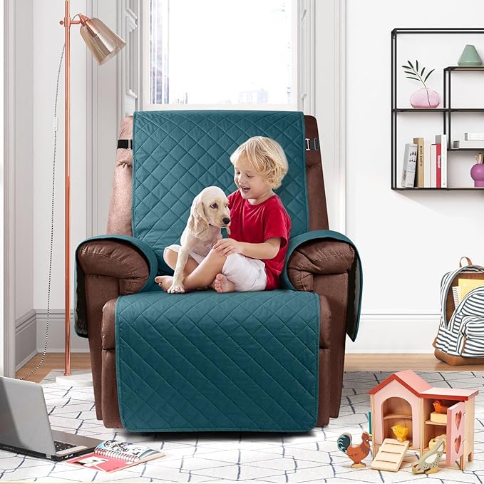 KinCam 100% Waterproof Recliner Chair Cover, Reclining Couch Covers for Pets, Dogs, Recliner Couch Slipcover Furniture Protector with Elastic Straps for Kids(23.6", Peacock Blue)