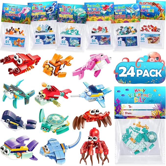 24 Pack Valentine Gifts for Kids 8-12, Marine Animal Building Blocks Kit with Gift Cards for Kids School Classroom, Party Favors Exchange for Boy Girl, Kid Valentine Basket Stuffers Egg Filler