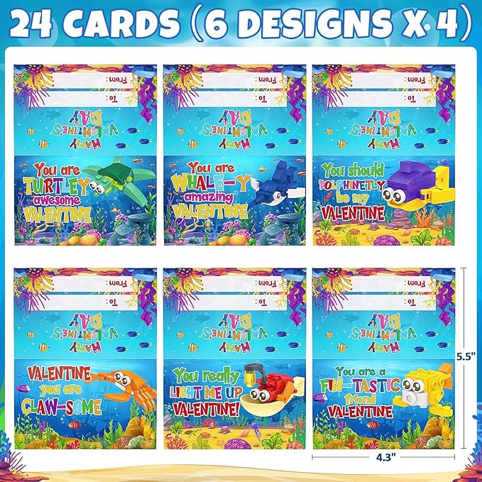24 Pack Valentines Day Gifts for Kids 8-12, Sea Animal Building Blocks Kit with Gift Cards for Kids School Classroom, Class Valentine Party Favors Exchange for Boys Girls Stuffers Egg Fillers