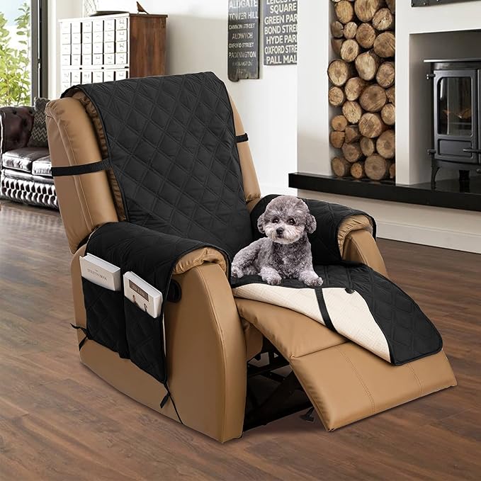 TOMORO Non-Slip Quilted Recliner Cover, 100% Waterproof Recliner Chair Slipcover Furniture Protector with Pockets, Washable Couch Cover with Elastic Straps for Kids and Pets，23 Inch
