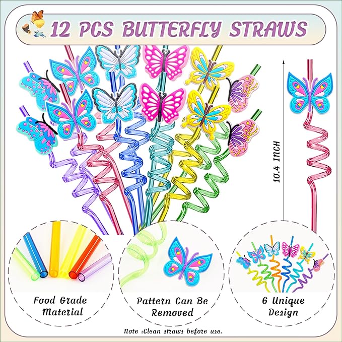 144 Pcs Butterfly Party Favors Set with Butterfly Straws Keychains Slap Bracelet Tattoo Stickers Wristbands Hair clips Goodie Bags Butterfly Party Supplies Butterfly Birthday Decorations