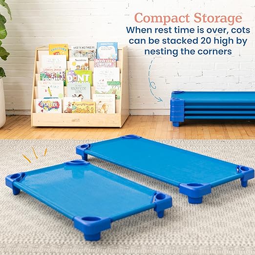 ECR4Kids Stackable Kiddie Cot, Assembled, Toddler Size, Classroom Furniture, Blue, 5-Pack