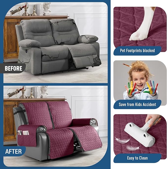 TAOCOCO 100% Waterproof Loveseat Recliner Cover-Recliner Cover with Non-Slip Granule, Recliner Chair Covers with Elastic Band,Washable Recliner Chair/Furniture Protector for Pets(Wine, 2 Seater)