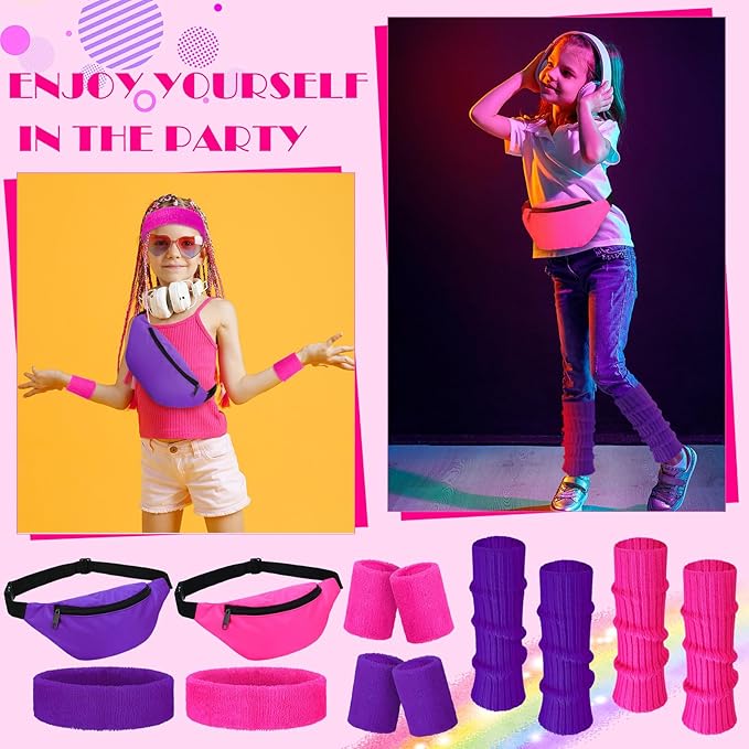 Giegxin 2 Set 80s Leg Warmers Set for Girls Kids Neon Ribbed Knit Leg Warmers Fitness Headband Wristbands for Cosplay Party