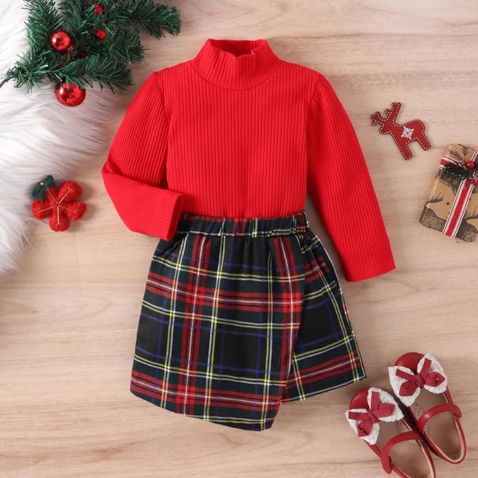 Fernvia Toddler Baby Girl Fall Winter Skirt Set Turtleneck Ribbed Long Sleeve T-Shirt Top & Plaid Skirts Dress 2Pcs Outfits