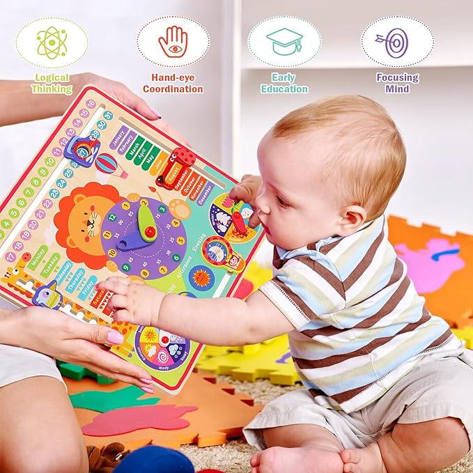 Montessori Toys for 4 Year Old,Wooden Calendar and Teaching Clock for Kids Learning Clock for Telling Time, Date, Days of The Months, Seasons and Weather-Educational Toys for Boys and Girls（7 in 1）