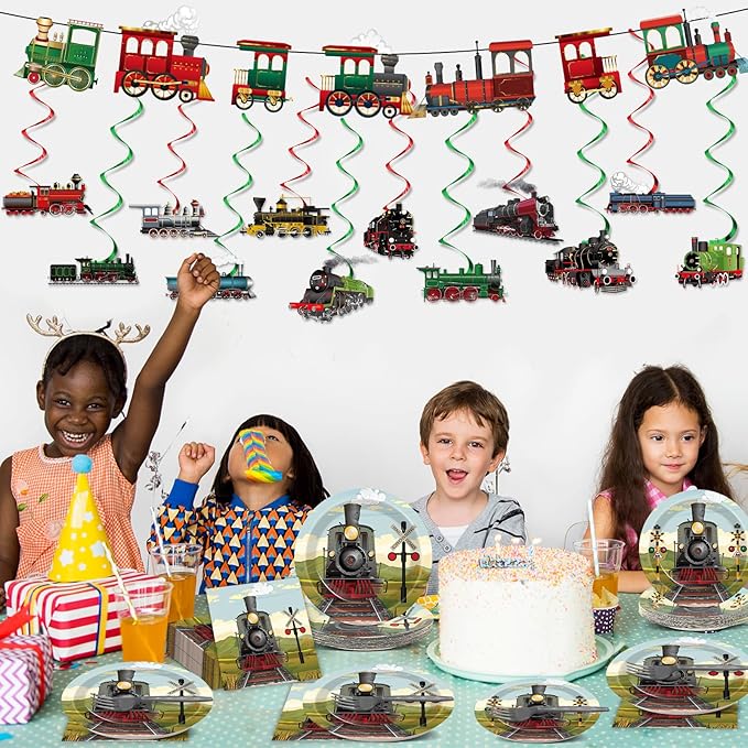 party greeting 109Pcs Train Birthday Party Supplies Includes Steam Train Party Plates Napkins Fork Retro Train Banner Hanging Ceiling Swirls for Train Transportation Baby Shower Party Decorations Set