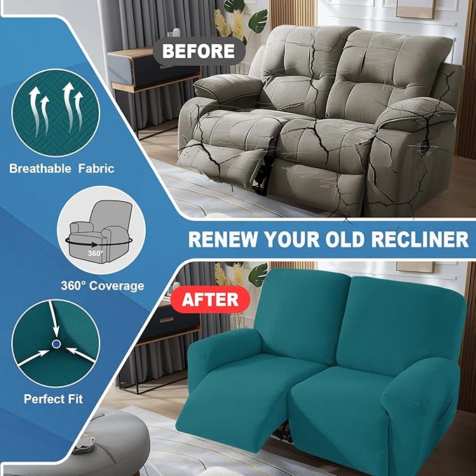 JIVINER 4 Pieces Recliner Loveseat Covers Stretch Recliner Sofa Slipcover with Elastic Bottom Jacquard Fitted Reclining Couch Cover Furniture Protector with Pockets (2 Seater, Teal)